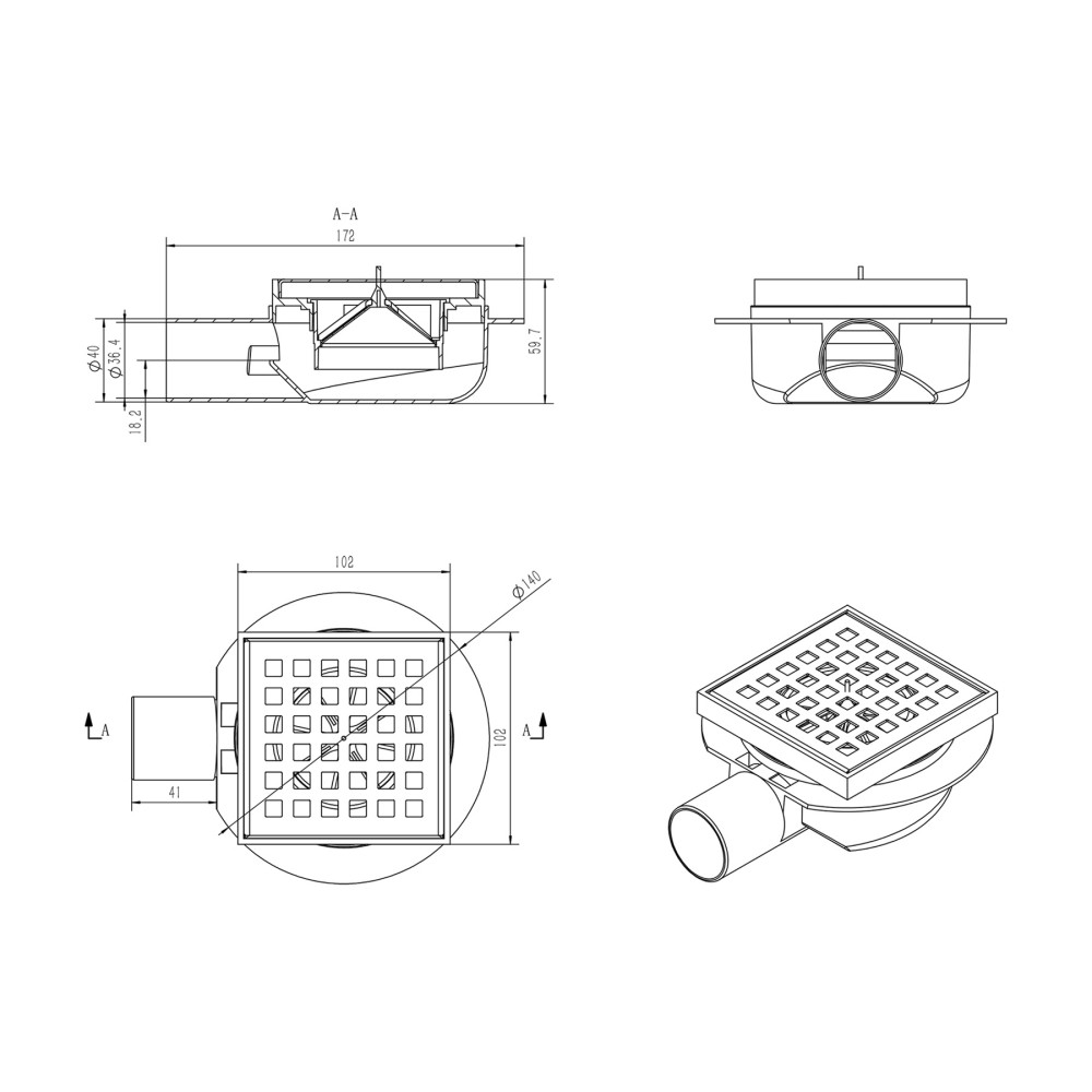 square tile shower drain dimensions with horizontal