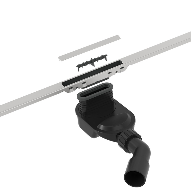 Slim linear drain horizontal outlet siphon system in stainless steel construction