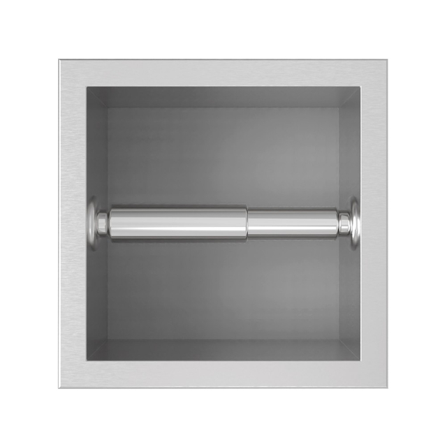 Bathroom toilet paper roll holder built in front opening with integrated spindle