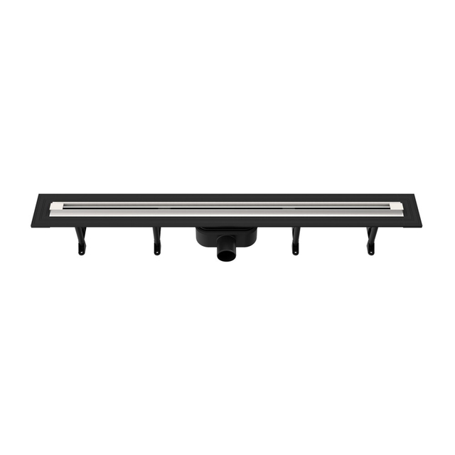 Perspective view of brushed stainless steel slim slot drain for compact shower areas