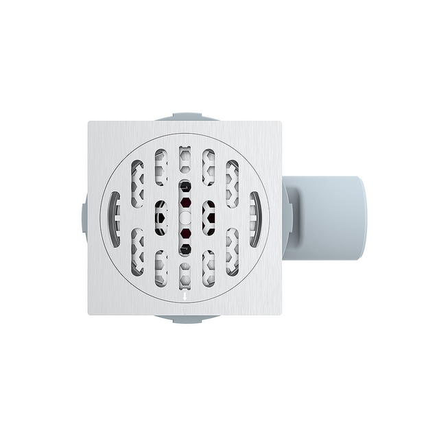 shower drain system kit with square stainless steel top and horizontal outlet