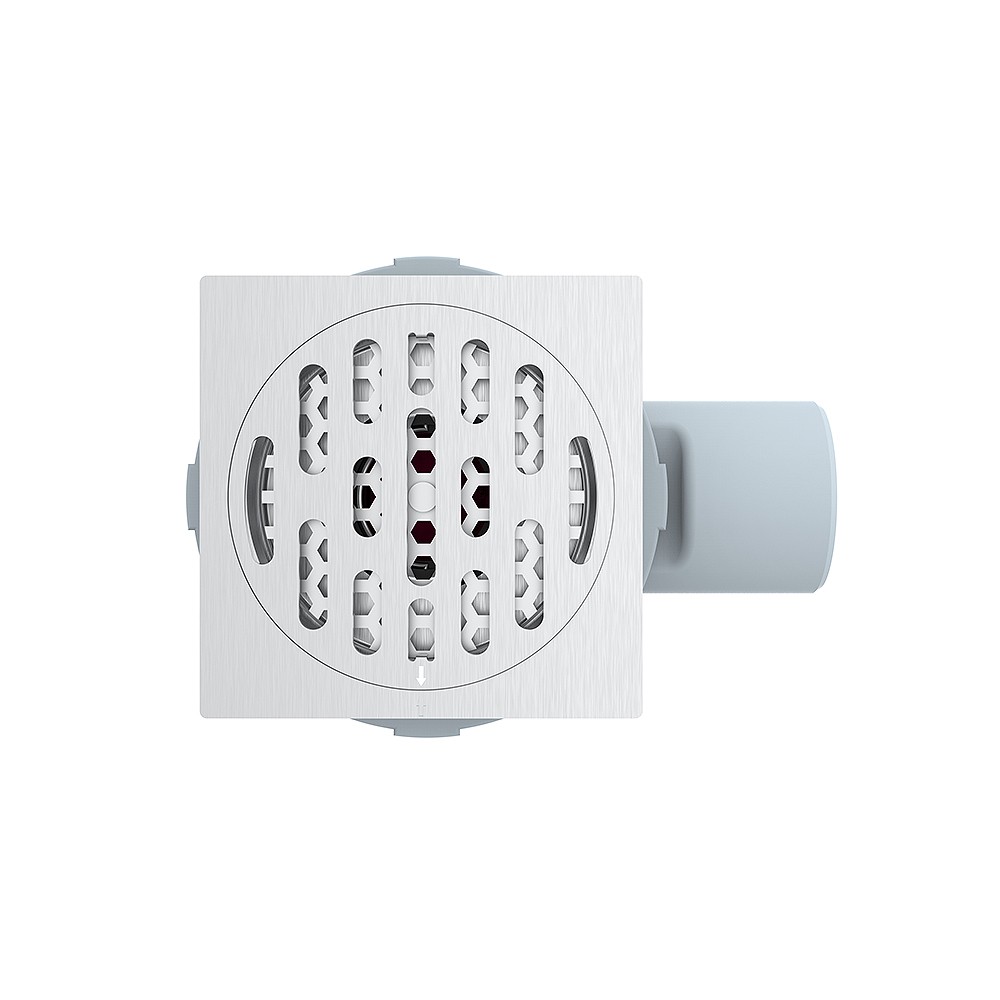 shower drain system kit with square stainless steel top and horizontal outlet