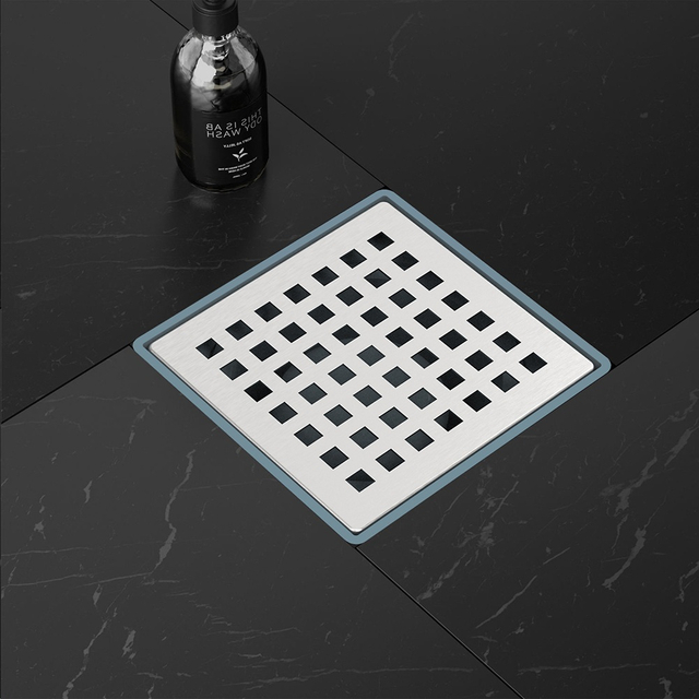 square drain for shower with horizontal floor drain on tile surface