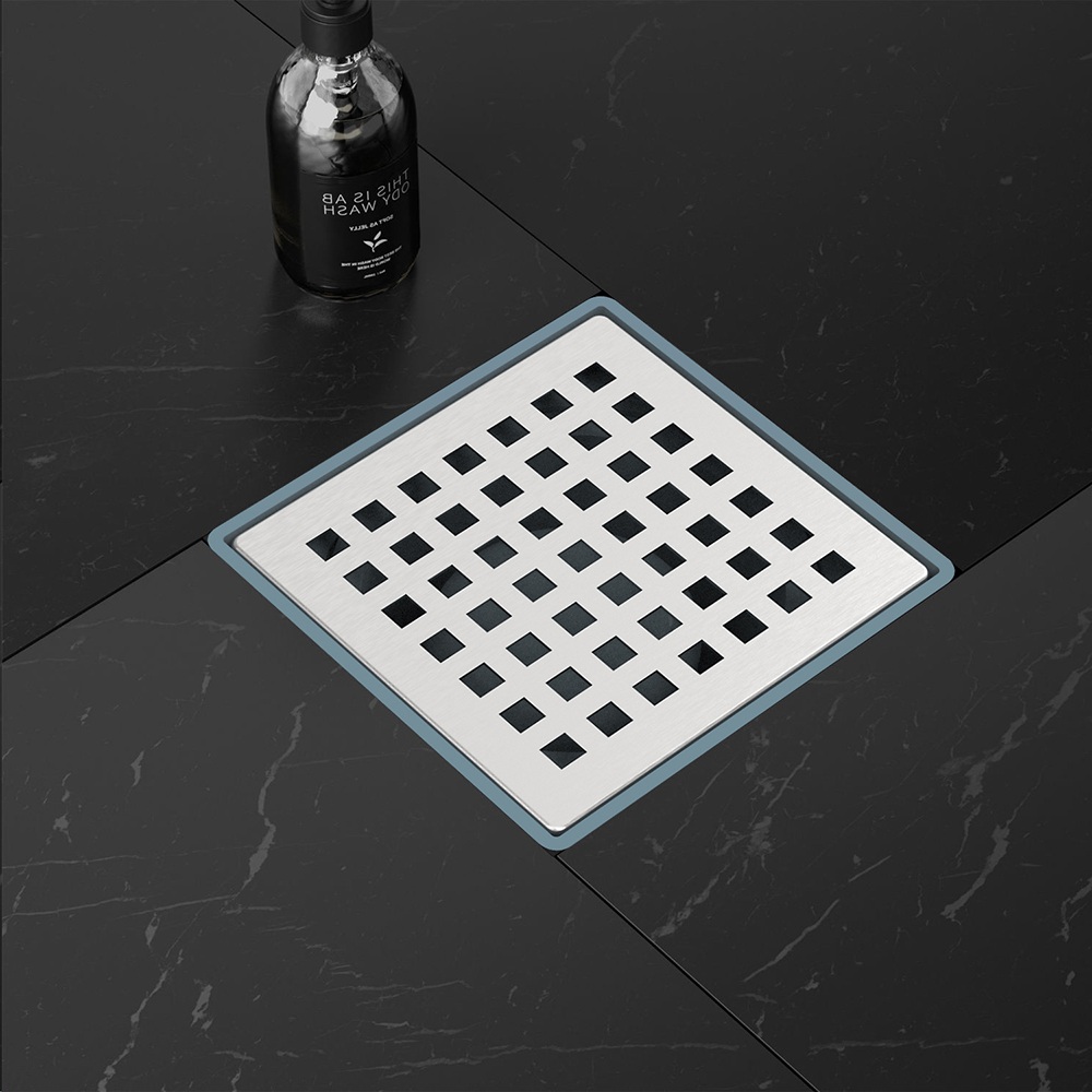 square drain for shower with horizontal floor drain on tile surface