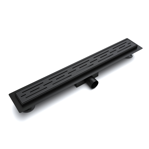 Matte black finish tile shower drain with horizontal outlet design