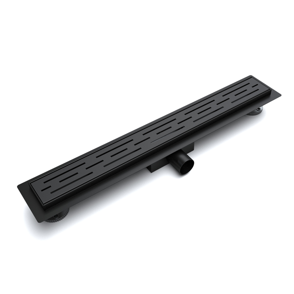 Matte black finish tile shower drain with horizontal outlet design