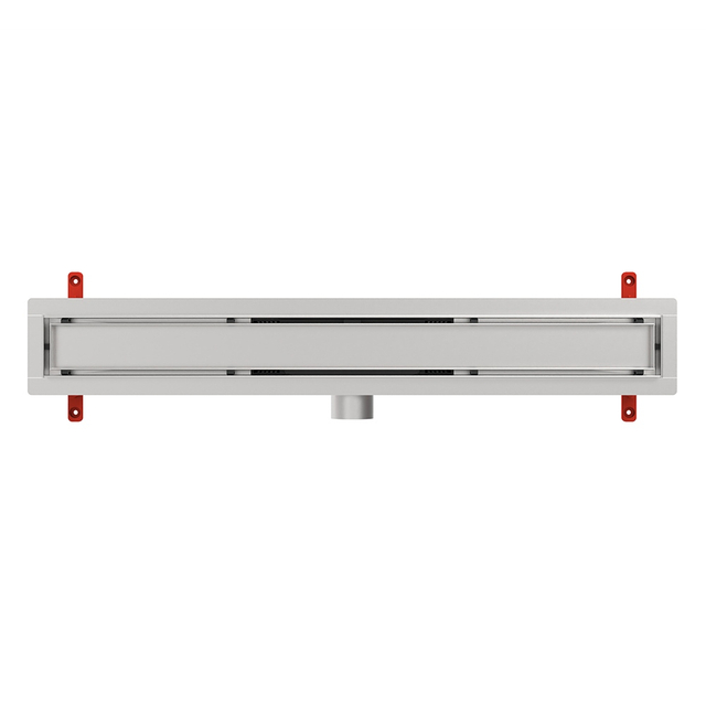 Vista dall'alto di uno scarico a pavimento lineare per bagno di larghezza 70 mm con griglia in acciaio inox