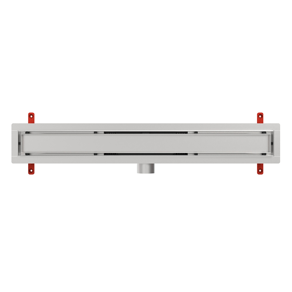Overhead view of a 70mm width linear bathroom floor drain with stainless steel grate