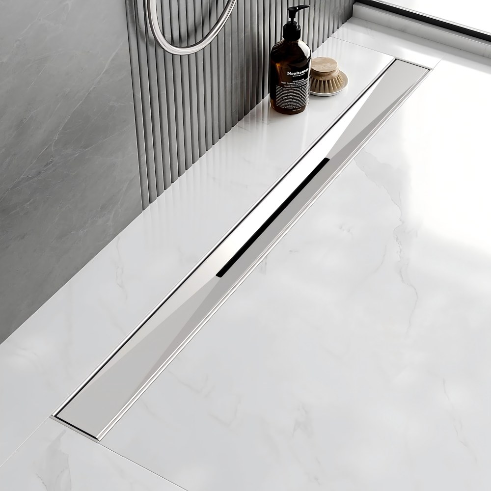 Professional finish of linear drains for tile showers in high-end bathrooms