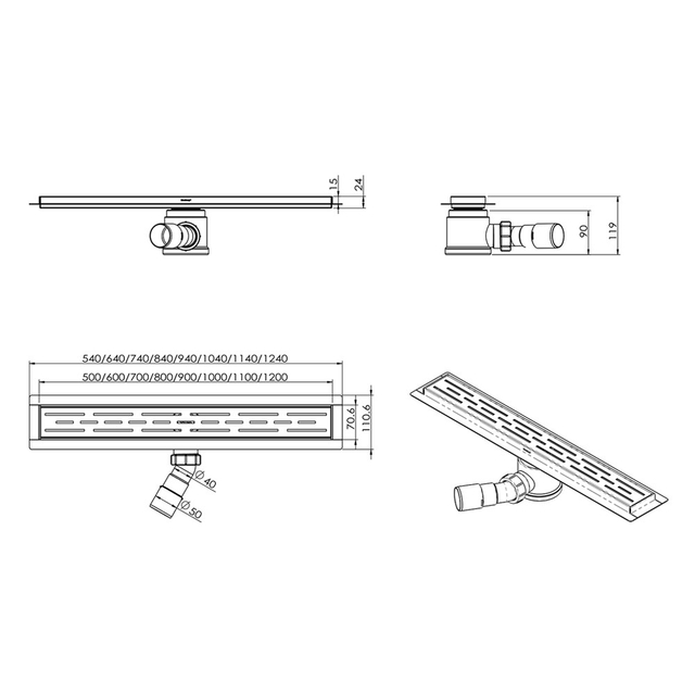 Technical dimensions of linear shower drain stainless steel showing installation height and width
