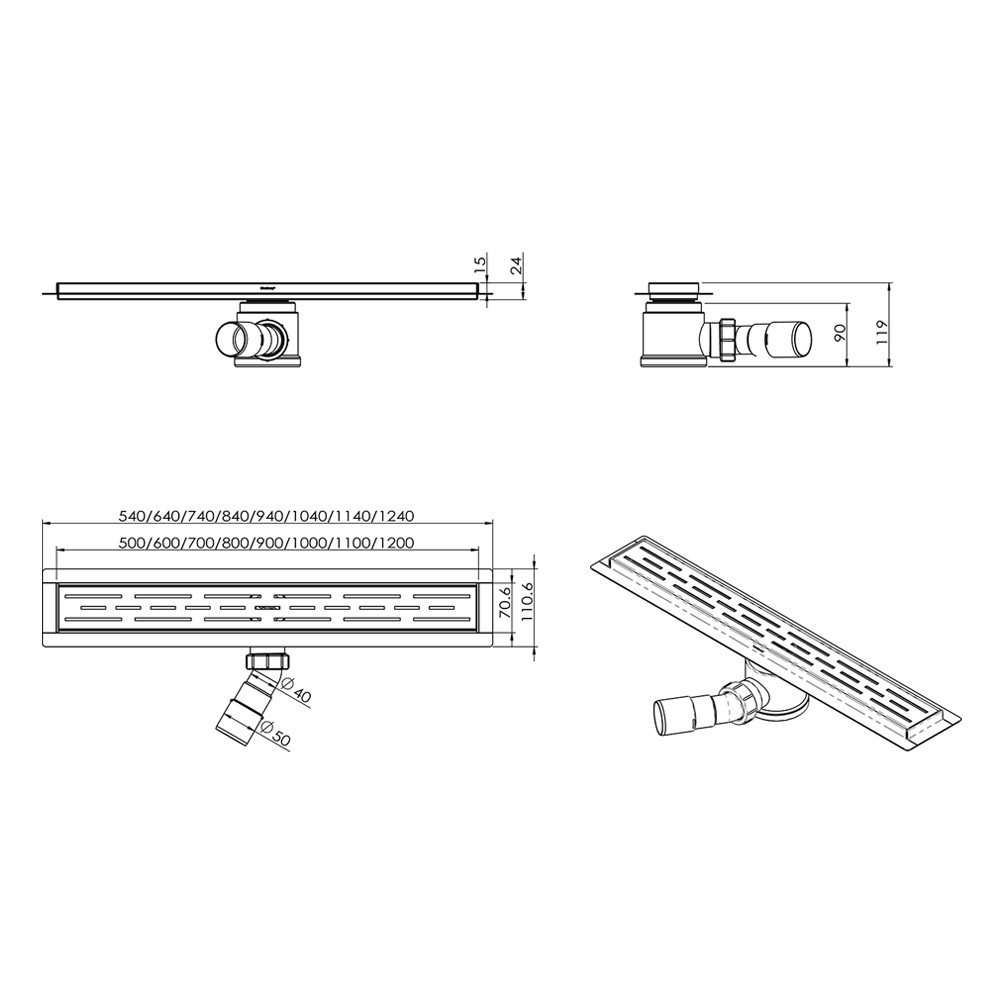 Technical dimensions of linear shower drain stainless steel showing installation height and width