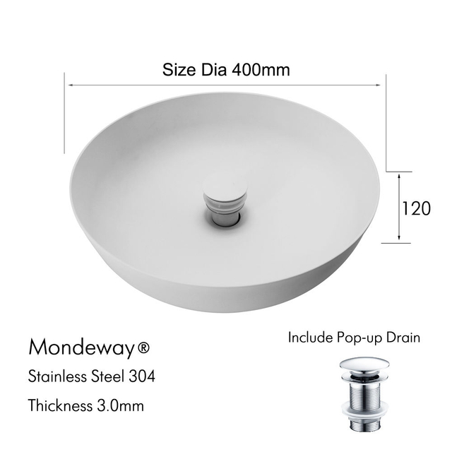 White round vessel sink stainless steel round sink with 400mm diameter size reference