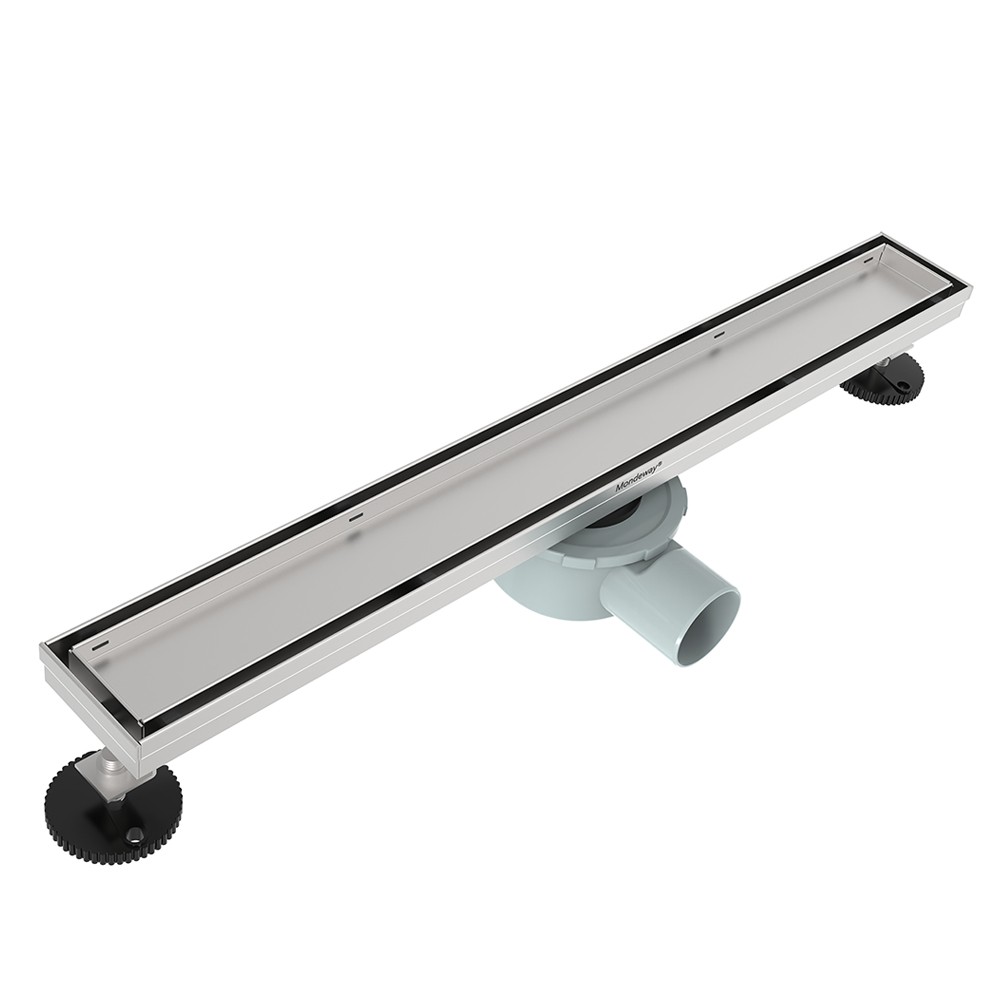 Professional product shot of D Series linear shower drain with horizontal outlet