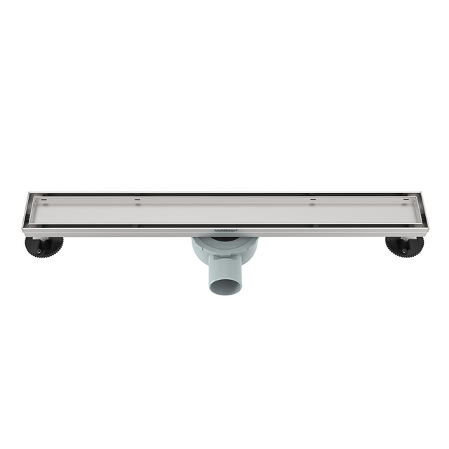 Angled perspective of a long linear shower drain featuring high drainage capacity
