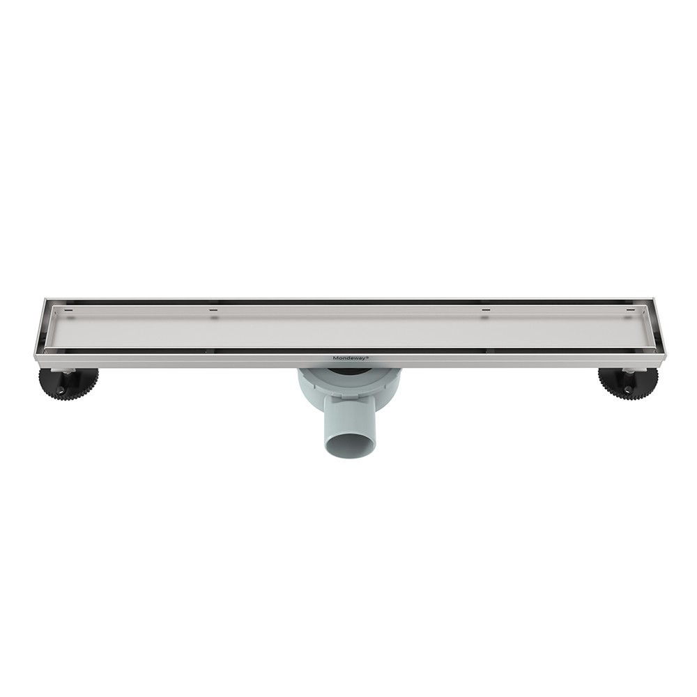 Angled perspective of a long linear shower drain featuring high drainage capacity