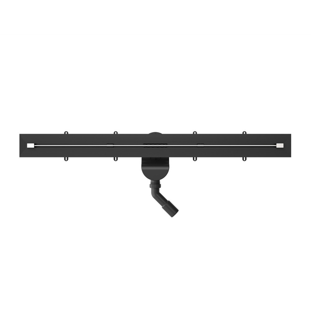 Top view of a black slim line drain featuring a minimalist stainless steel grate pattern