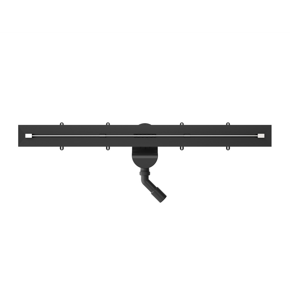 Top view of a black slim line drain featuring a minimalist stainless steel grate pattern