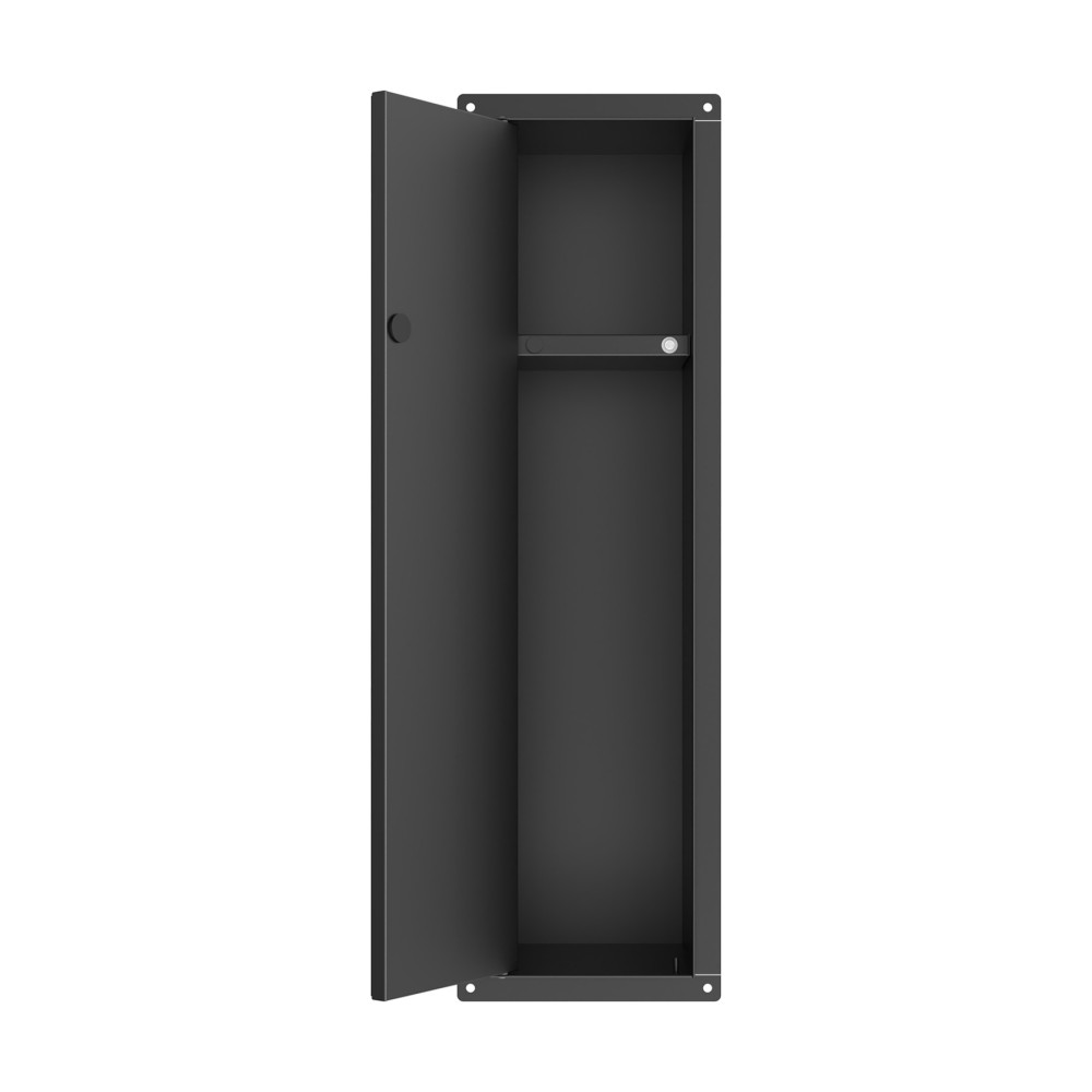 Bathroom niche with door open interior storage