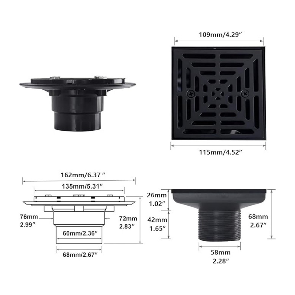 Technical size and dimension measurements for the round shower floor drain and base