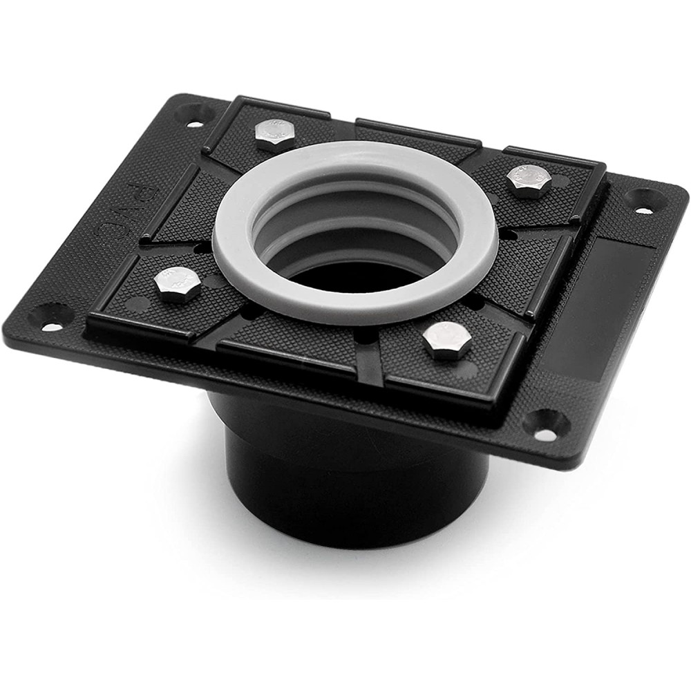 Vertical outlet shower drain base flange in black PVC with gray rubber gasket