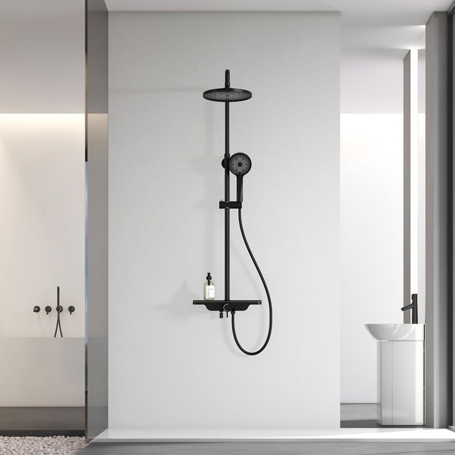 Thermostatic shower system installed in modern bathroom interior