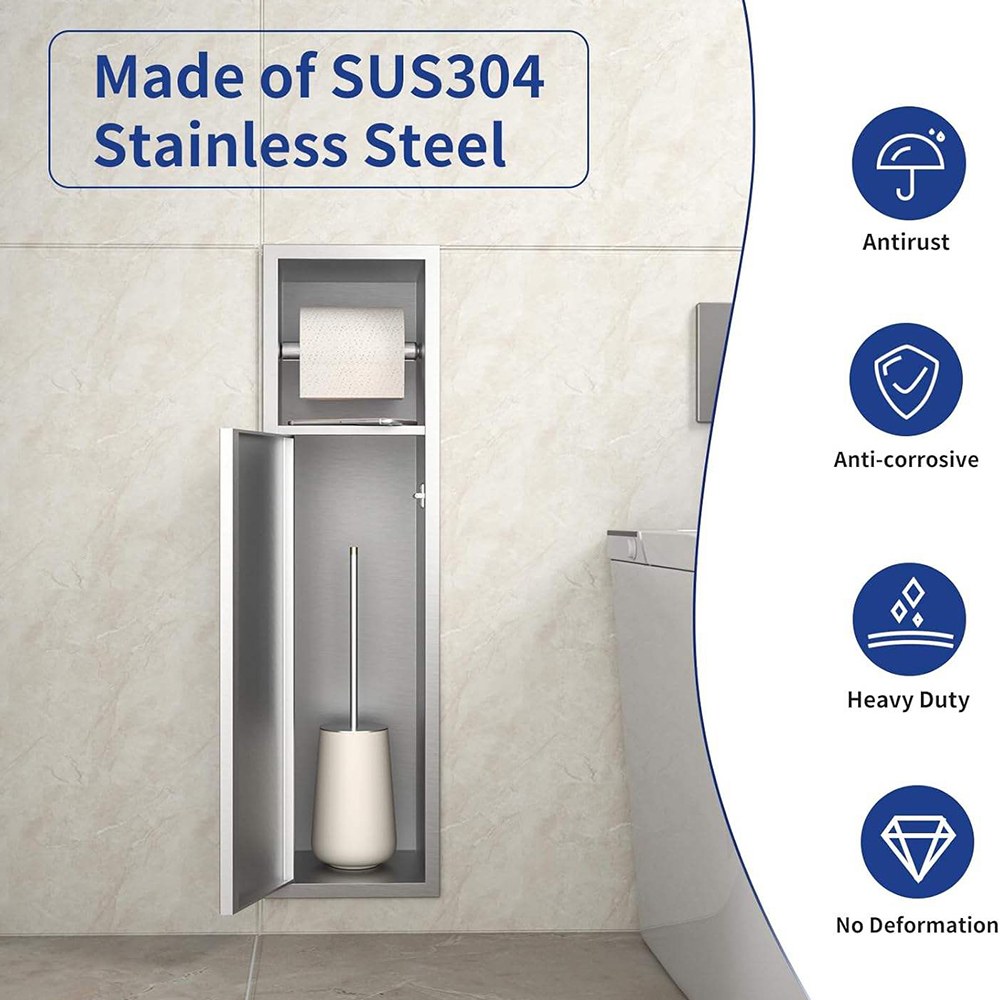 Recessed toilet paper niche showing internal storage with open door