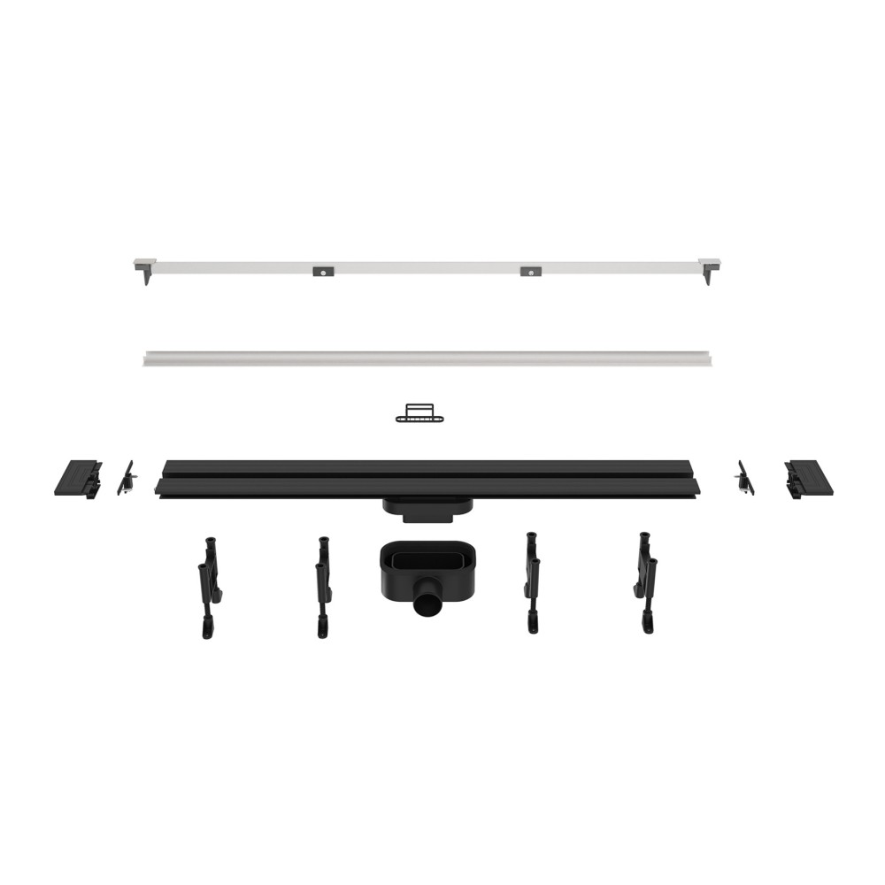 Exploded view of linear drain showing adjustable height feet and 360-degree rotatable siphon