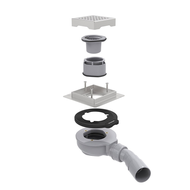abs shower drain assembly exploded with wet siphon components