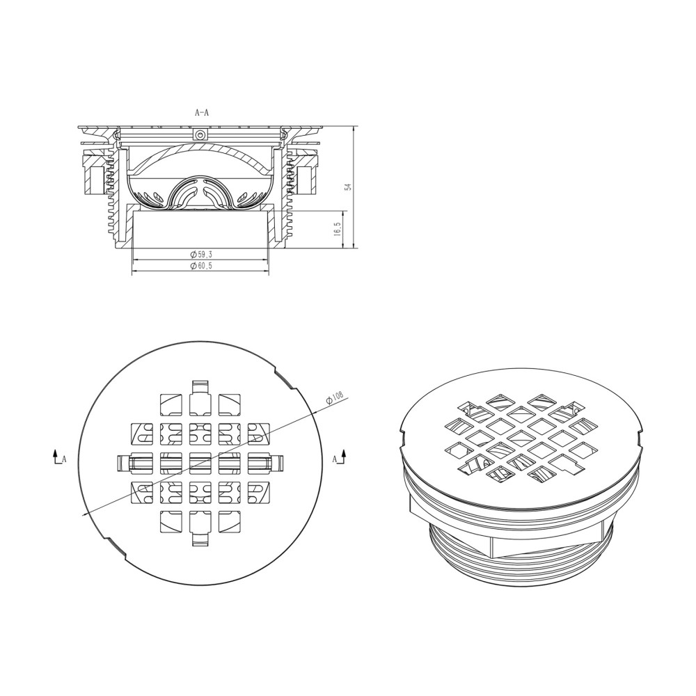 technical drawing of pvc floor drain system with stainless steel grate