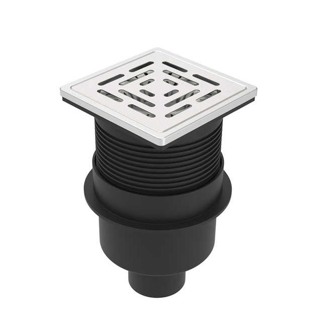 Adjustable square floor drain with HDPE body and stainless steel grate