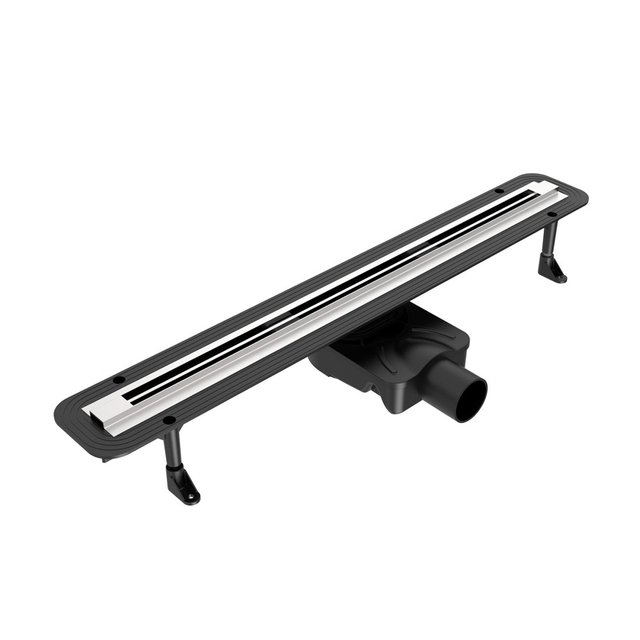 Professional slim linear drain for showers with horizontal outlet and adjustable height feet