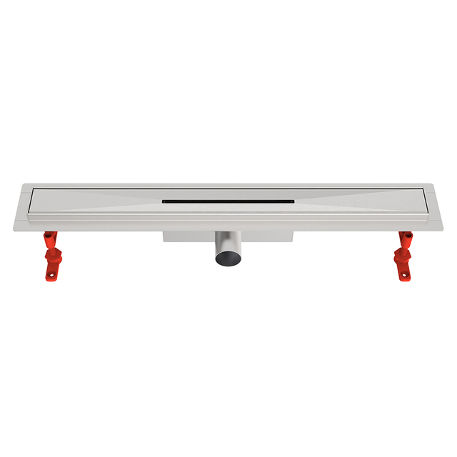 Perspective of a sleek brushed stainless steel drain unit for wet room applications