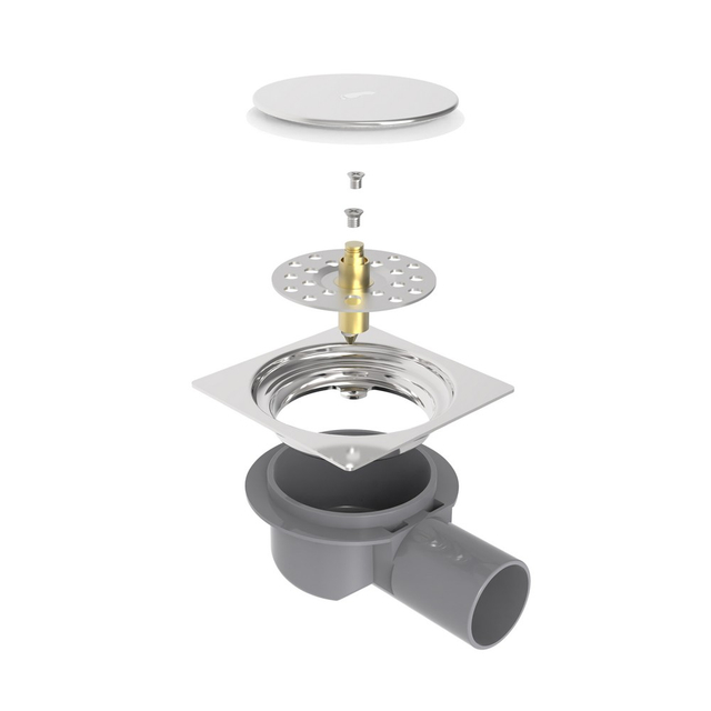 Exploded diagram showing the brass core and pop up drain assembly parts above the square tile drain body