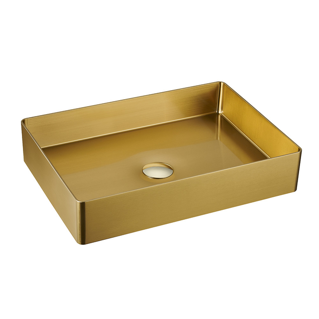 stainless wash basin with rectangular vessel basin sink in gold finish