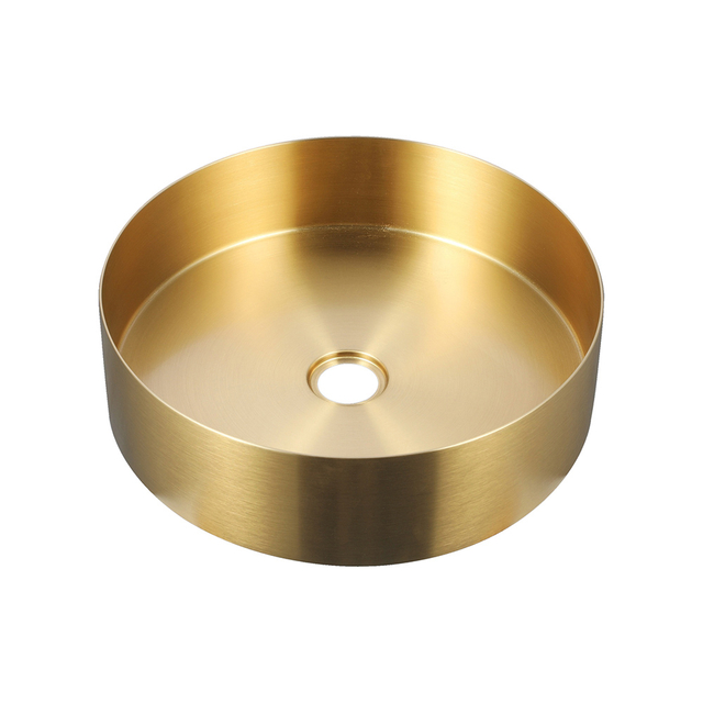 Stainless steel round basin with gold brushed finish front display