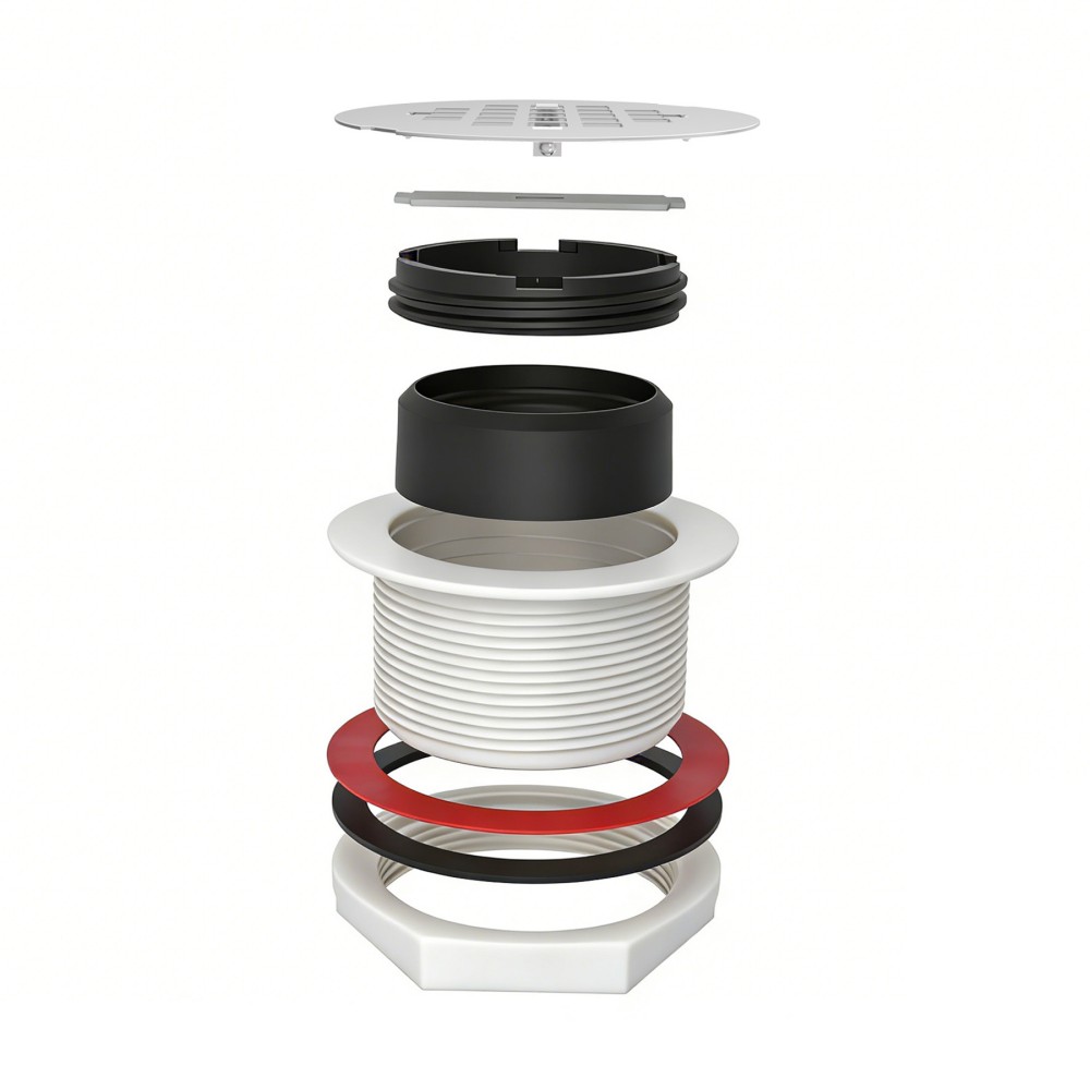 exploded structure of abs channel drain with low profile drain round cover and SS304 grate components