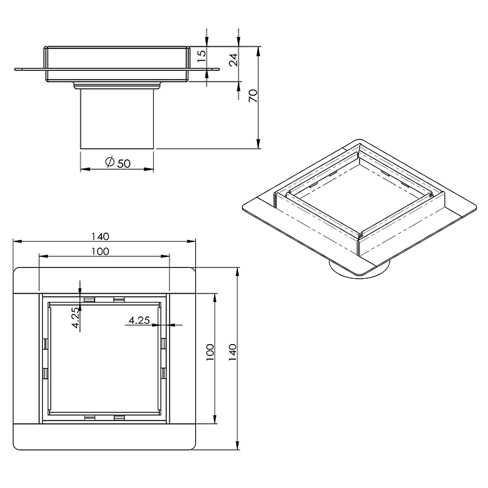 Square floor drain technical drawing with detailed dimensions