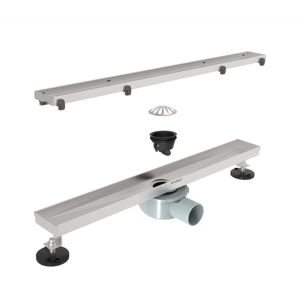 Exploded diagram of D6X linear shower drain with 360 degree rotatable dry and wet siphon