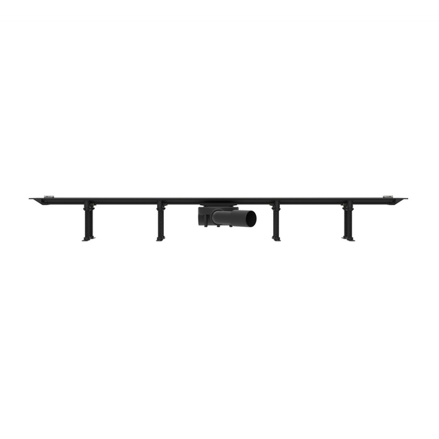 Front perspective of a black cuttable linear shower drain showing the adjustable height mechanism
