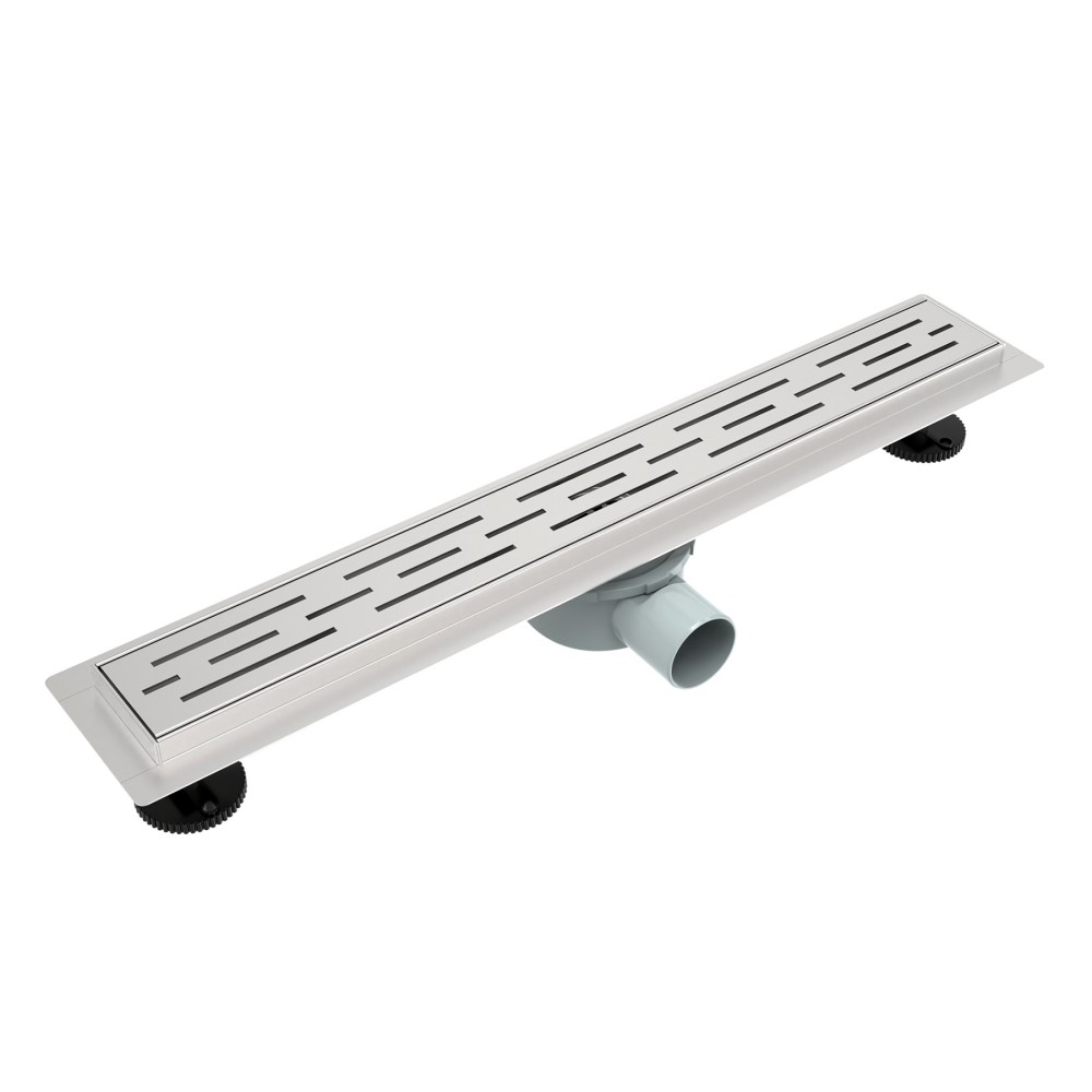 Stainless steel adjustable shower drain assembly body with horizontal outlet and leveling feet