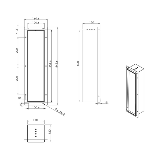 technical dimensions drawing of recessed toilet waste bin