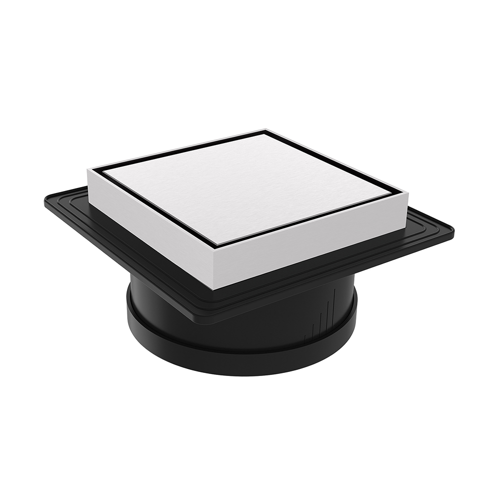 Square stainless grate drain with brushed steel cover and HDPE base