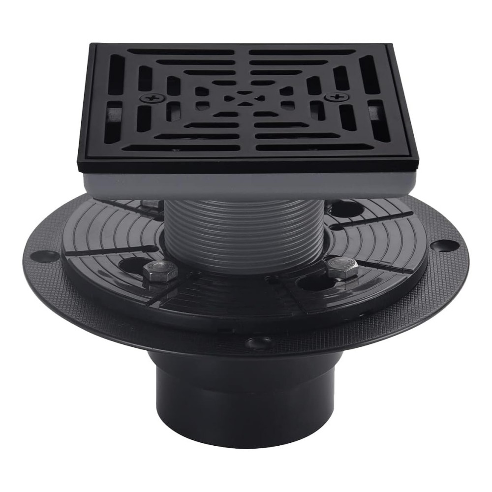 Matte square black shower drain showcasing the vertical drains PVC connection