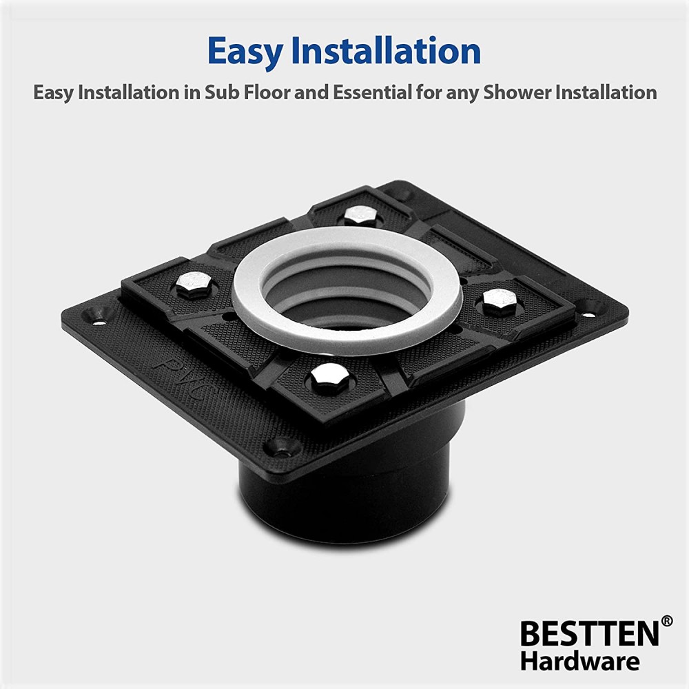 Square shower drain base designed for easy subfloor installation with pre-drilled screw holes