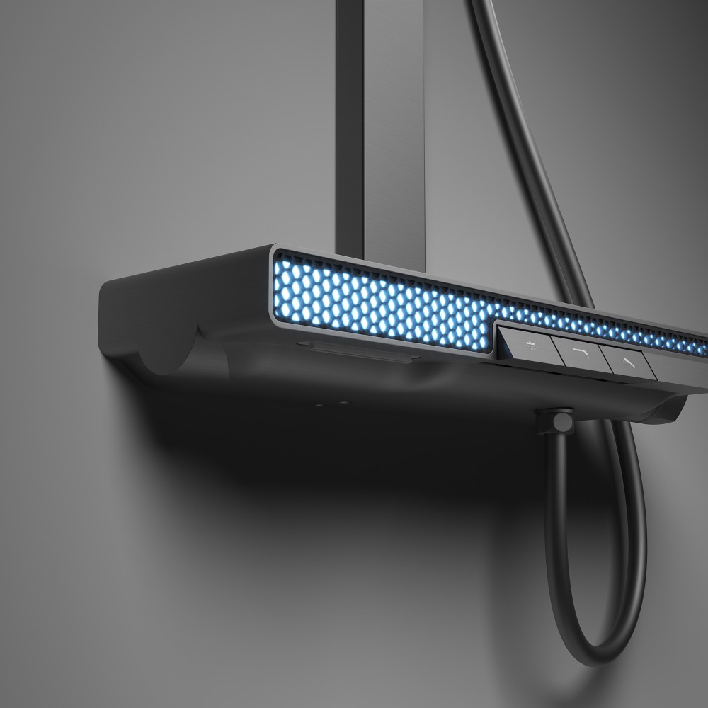 LED digital display on piano key shower shelf