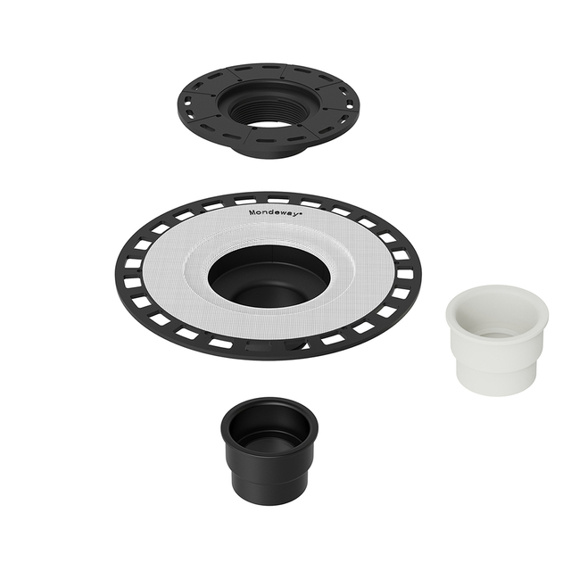 Exploded parts of ABS shower drain flange kit for bathroom drainage system