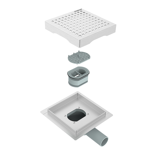 Square shower drain assembly exploded structure with 360&deg; rotatable wet siphon components