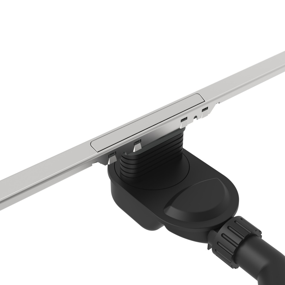 Stainless steel slim linear drain grate detail with narrow visible width