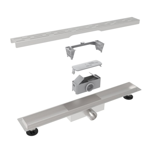 Piletta bagno lineare a pavimento struttura esplosa con sifone bagnato secco