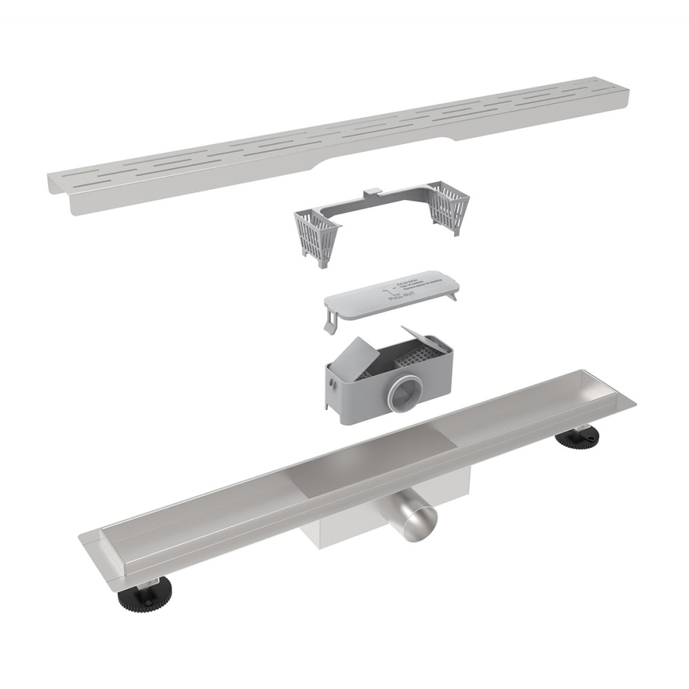 linear bathroom floor drain exploded structure with wet dry siphon